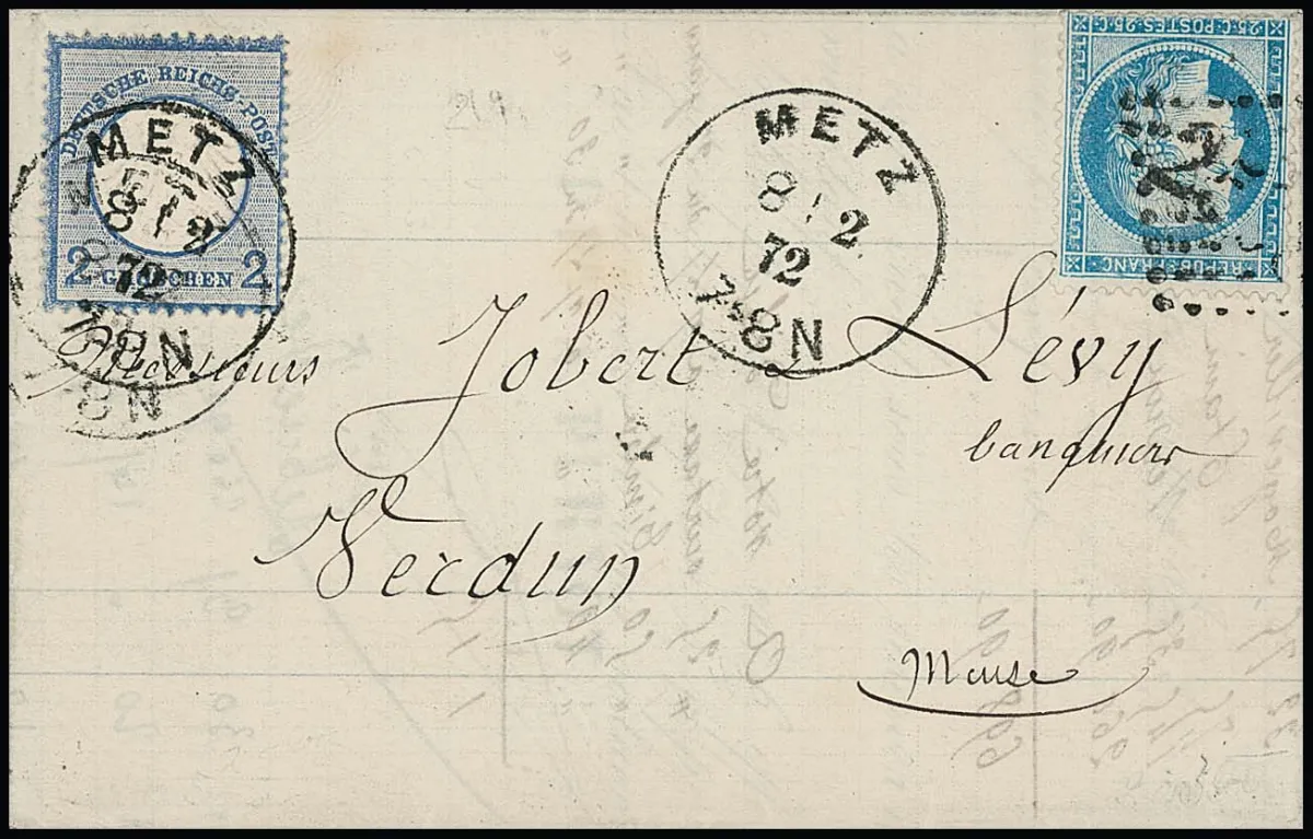 2 Gr. modrá, nádherný kus v dvojité frankatuře s Francie 25 C. modrá, Ceres, na dopise z Metz (K1), 8.2.72, do Verdun