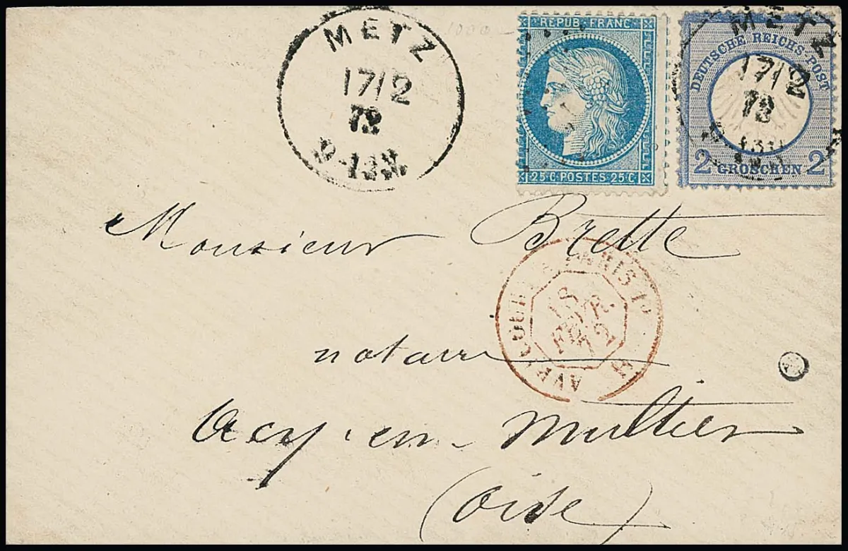 2 Gr. blauw, voor de uitgifte typisch iets verkorte tanden, in dubbele frankering met Frankrijk 25 C. blauw, Ceres, op damescouvert met K1 "Metz", 17.2.72, naar Acy