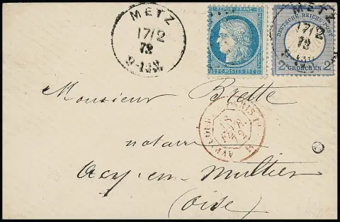 2 Gr. blau, ausgabetypisch gering verkürzte Zähne, in Doppelfrankatur mit Frankreich 25 C. blau, Ceres, auf Damencouvert mit K1 "Metz", 17.2.72, nach Acy