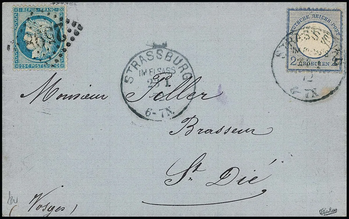 2 Gr. modrá, obvykle zoubkovaná, v dvojité frankatuře s Francie 25 C. modrá, Ceres, na složeném dopise s K1 ze Štrasburk, 23.1.72, resp. NS "2598", do St. Die. Sign. Calves