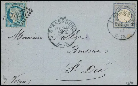 2 Gr. blau, üblich gezähnt, in Doppelfrankatur mit Frankreich 25 C. blau, Ceres, auf Faltbrief mit K1 von Strassburg, 23.1.72, bzw. NS "2598", nach St. Die.…