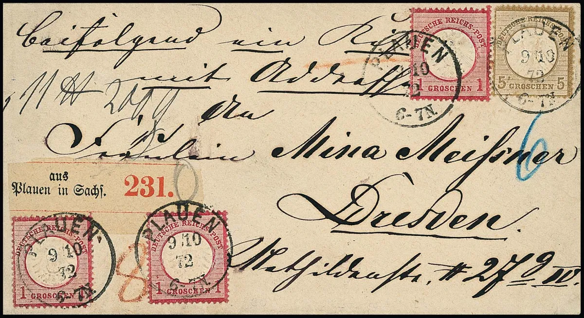 5 Gr. ockerbraun, üblich gez., nebst dreimal 1 Gr. rosa, gr. Brustschild, auf Paketbegleitcouvert mit K1 "Plauen" 1872 nach Dresden