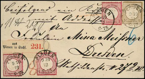 5 Gr. ockerbraun, üblich gez., nebst dreimal 1 Gr. rosa, gr. Brustschild, auf Paketbegleitcouvert mit K1 "Plauen" 1872 nach Dresden
