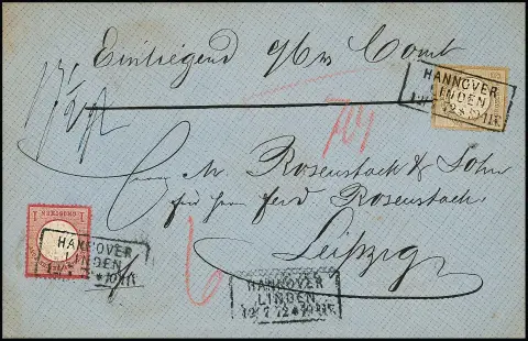 5 Gr. ockerbraun, Plattenfehler "heller Fleck im Bogen der rechten 5", üblich gezähnt, nebst 1 Gr. rosa auf Leinen-Wertcouvert aus Hannover Linden. Mi. 700,-