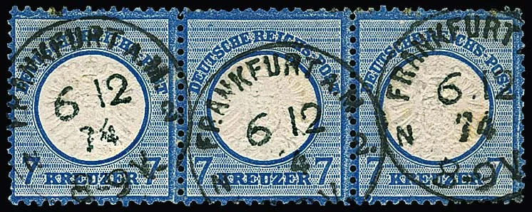 7 Kr. blue, rare and clearly cancelled strip of three, left stamp short perforations, signed Sommer. Mi. 1000,-
