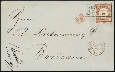 9 Kr. rotbraun, leicht getönt, als Einzelfrankatur auf Brief mit Ra3 "Heidelberg" nach Bordeaux, Attest Krug. Mi. 800,-