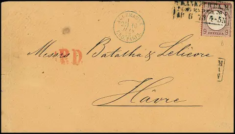 9 Kr. lilabraun (etwas "eckrund") einzeln auf beigem Auslandscouvert von Frankfurt 1873 nach Le Havre, Attest Sommer. Mi. 1200,-