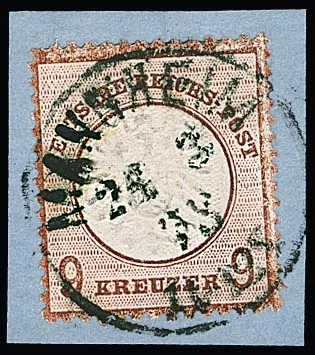 9 Kr. lilac-brown, one slightly shortened corner perforation, otherwise good, on piece (stamp was removed for inspection and replaced) with K1 "Mannheim", photo exp. Krug. Mi. 600,-