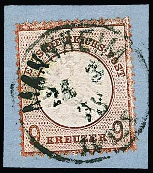 9 Kr. lilabraun, ein leicht verkürzter Eckzahn, sonst gut, auf Briefstück (Marke war zur Kontrolle gelöst und replatziert) mit K1 "Mannheim", Fotoexp. Krug.…