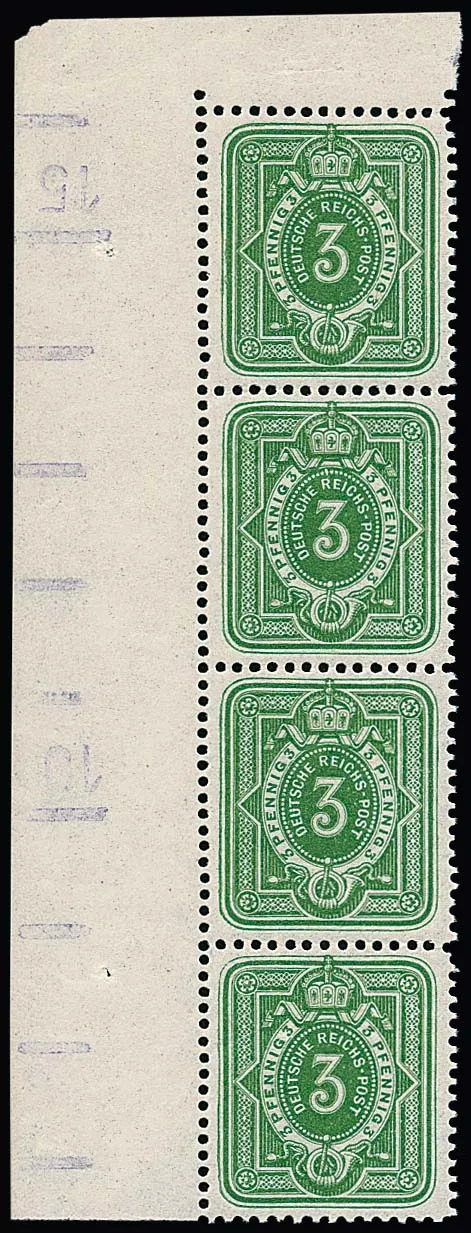 3 Pfg. yellowish-green, rare widened format, in mint never hinged block of four from upper left sheet corner with margin imprint, rare in this form.