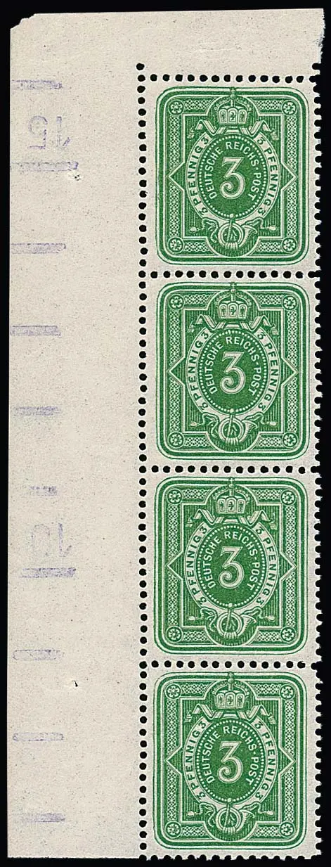 3 Pfg. gelblichgrün, seltenes verbreitertes Format, im postfrischen Viererstreifen aus der linken oberen Bogenecke mit Randzudruck, in dieser Form selten.…