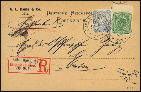 3 Pfg. grün und 20 Pfg. hellblau auf seltener eingeschriebener Drucksachenkarte von Coeln 1885 nach Emden. Fotoexp. Wiegand