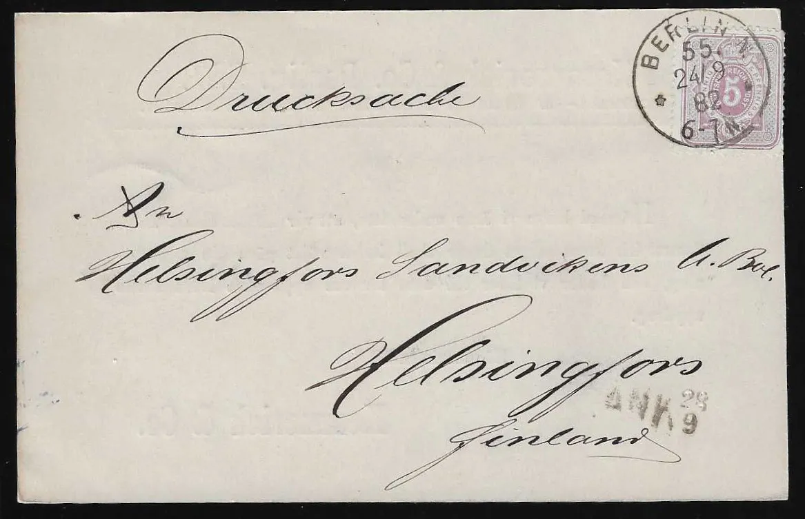5 Pfg. pourpre (léger collage de bord à droite) seul sur carte imprimée privée de "Berlin 55" 1882 vers la Finlande