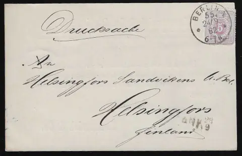 5 Pfg. purpur (re. etwas Randklebung) einzeln auf privater Drucksachenkarte von "Berlin 55" 1882 nach Finnland