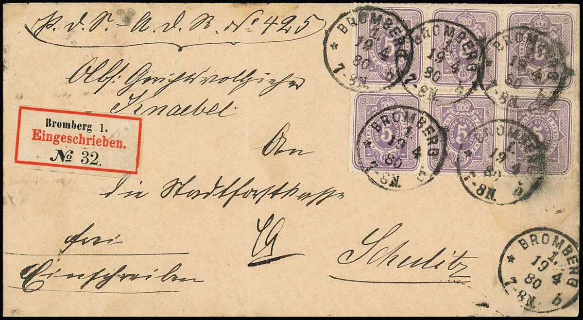 5 Pfg. pourpre, rare bloc de six sur lettre recommandée (min. Mgl.) de Bromberg 1880, voir Pfennig-Handbuch