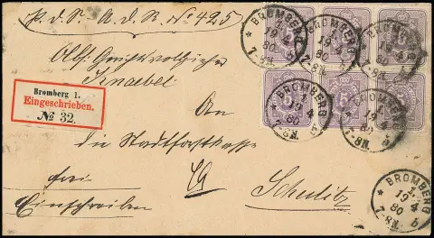 5 Pfg. purpur, seltener Sechserblock auf Einschreibebrief (min. Mgl.) aus Bromberg 1880, siehe Pfennig-Handbuch