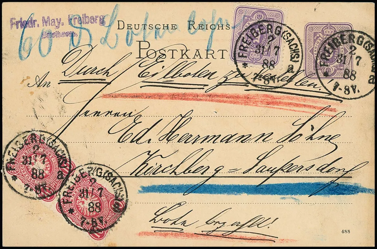 5 Pfg. purple and pair 10 Pfg. pink on postal stationery card 5 Pfg. purple, from Freiberg/Saxony as rural express card to the rural district of Leukersdorf, for rural express delivery the recipient paid 60 Pfg. messenger fee