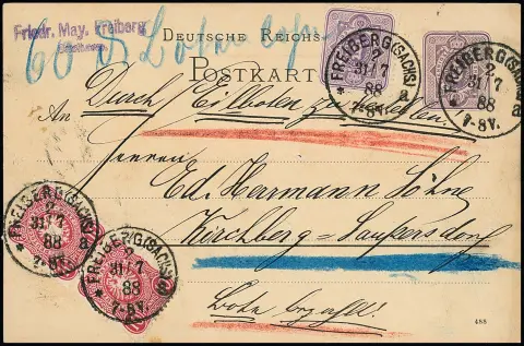 5 Pfg. purpur und Paar 10 Pfg. rosa auf Ganzsachenkarte 5 Pfg. purpur, von Freiberg/Sachsen als Land-Expreßkarte in den Landbezirk von Leukersdorf, für die…