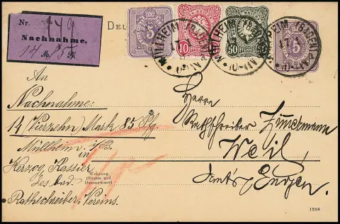 50 Pfg. oliv- bzw. dunkelgrün je in Kombination auf zwei NN-Ganzsachen 5 Pfg. purpur, einmal 1882 nebst 5 Pfg. aus Itzehoe, sowie 1882 nebst 5 (Randmgl.) und…