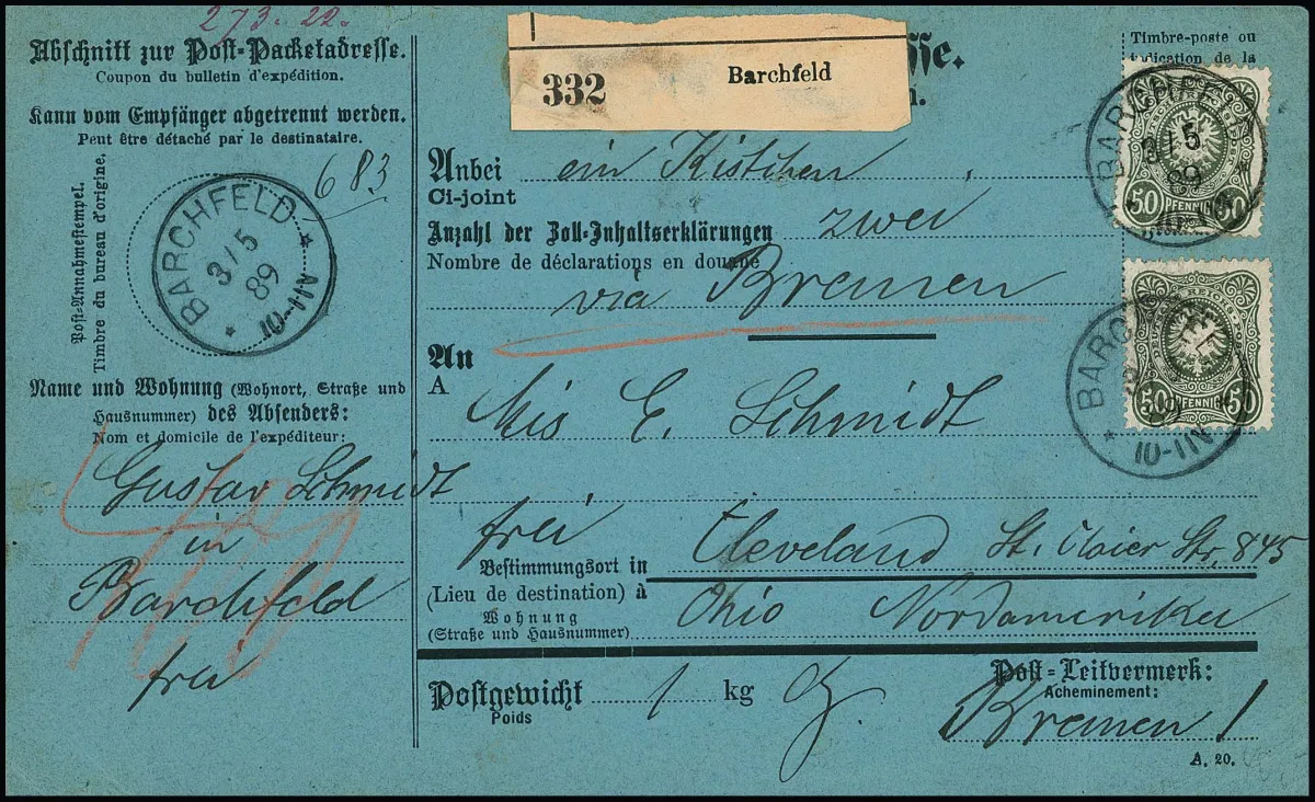 50 Pfg. dunkelgrün per acht (eine Eckfehler) vs./rs. auf kpl. Auslands-Paketkarte von Barchfeld 1889 in die USA