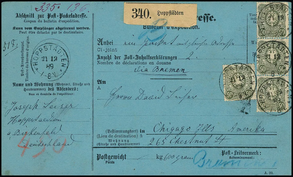 50 Pfg. vert olive, bloc de cinq au verso, recto bande de trois et pièce unique, comme affranchissement multiple élevé sur carte de colis 1889 de Hoppstädten vers les USA