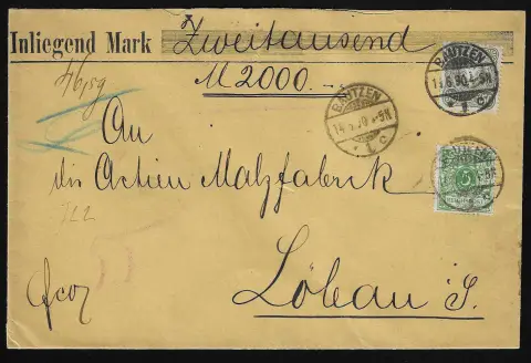 50 Pfg. dunkeloliv in Mischfrankatur mit 5 Pfg. Krone-Adler auf gelbem Wertcouvert aus Bautzen 1890
