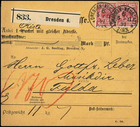 10 Pfg. rosarot per 15, dabei Dreierstreifen (ein Wert Eckfehler) und seltener Zehnerblock, nebst 20 Pfg., vs./rs. auf Inlands-Paketkarte aus Dresden-Neustadt…