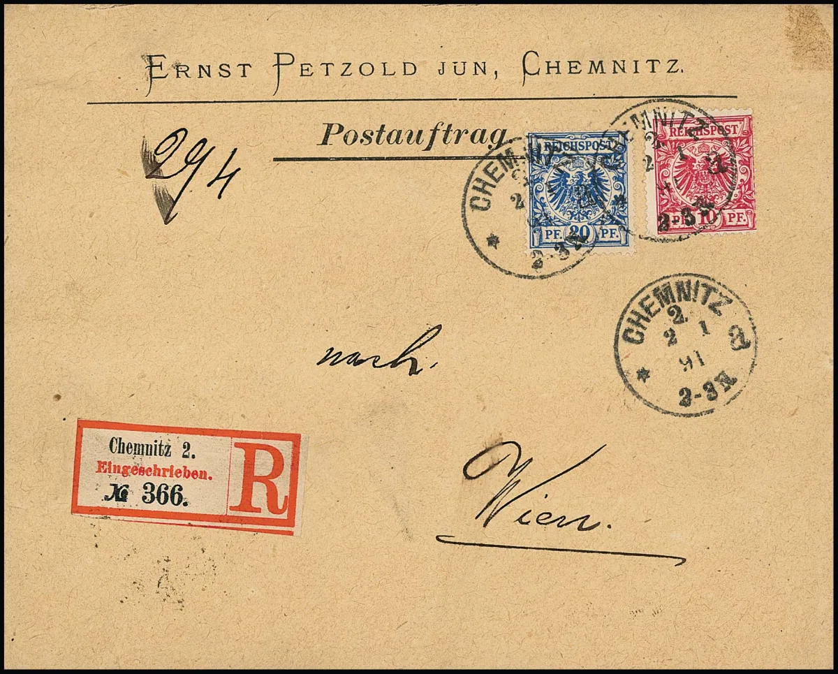 10 Pfg. rose red and 20 Pfg. blue (these two short teeth) on registered "postal order" to Vienna (rare outside Germany!), photo expertisation Wiegand