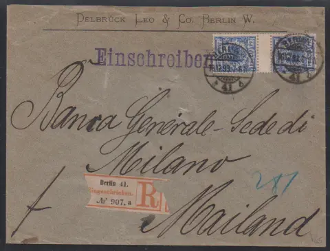 10 resp. 20 Pfg., elk verticaal tussenstrookpaar op twee buitenlandse brieven (een aangetekend, couverts typ. aktenspies buiten) aan dezelfde…
