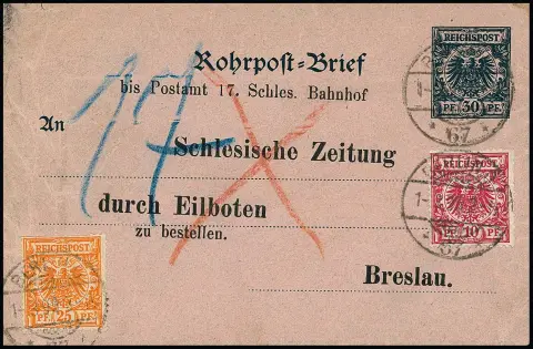 10 Pfg. roze en 25 Pfg. oranje (deze combinatie) op pneumatische post postwaardestuk 30 Pfg. blauw, van Berlijn als expressezending naar Breslau 1895. Zeldzame combinatie met 10…