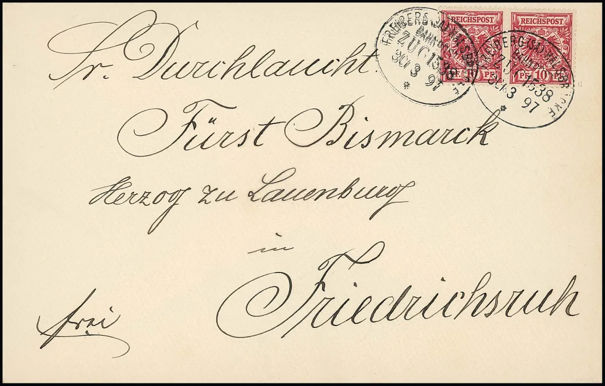 10 Pfg. rose in pair on railway post letter, nicely addressed to former Imperial Chancellor Prince Bismarck 1897 in Friedrichsruh, signed Wiegand
