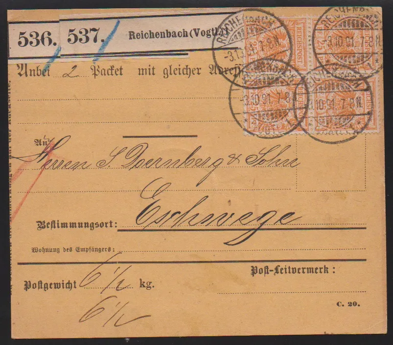 25 Pfg. geeloranje in blok van vier, op achterzijde nog een strook van drie plus 5 Pfg., op pakketkaart uit Reichenbach 1891, gesigneerd Petry