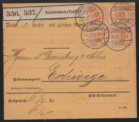 25 Pfg. geeloranje in blok van vier, op achterzijde nog een strook van drie plus 5 Pfg., op pakketkaart uit Reichenbach 1891, gesigneerd Petry