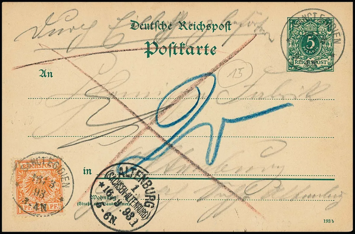 25 Pfg. orange on 5 Pfg. green postal stationery card, as express card from St. Egiden to a factory in the rural district of Altenburg, for which a further 20 Pfg. rural delivery fee was collected from the recipient, signed Wiegand