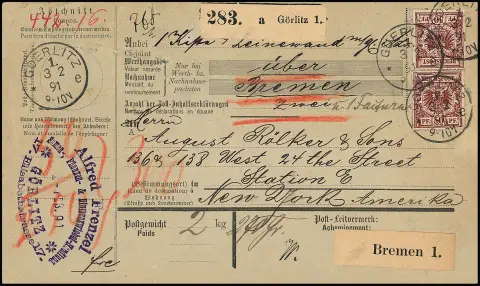 50 Pfg. vuurrood in zes voor/achter (elk één zegel met kleine tandingfout of hoektandvouw) op complete overzeese pakketkaart van Goerlitz 1891 naar New York, attest Zenker. Mi. 1460,- +