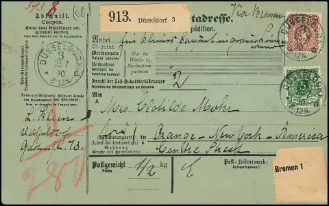50 Pfg. roodbruin in zeldzame blok van zes op achterzijde, voorzijde pfennig-uitgifte 25 Pfg. bruin in gemengde frankering, plus 5 Pfg. kroonadelaar, op overzeese pakketkaart uit Düsseldorf, 25.7.1890, naar New York, gesigneerd Wiegand