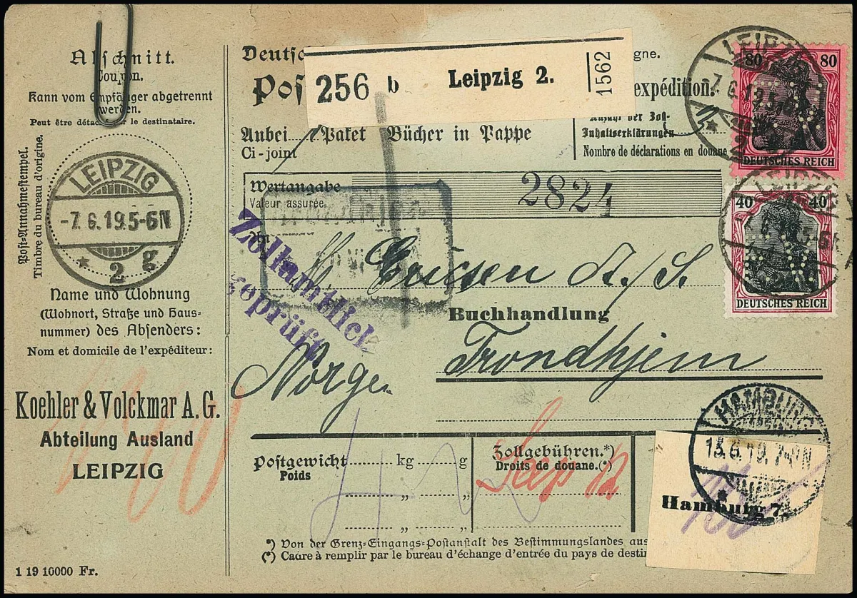 80 Pfg. in good "metallic glossy" variant, with 40 Pfg. and 20 Pfg. on reverse, on complete parcel card (with customs declaration) from Leipzig 1919…