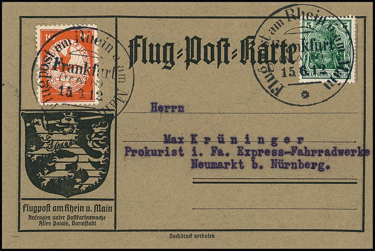 Airmail Rhine-Main, 10 Pfg. with 5 Pfg. Germania on airmail postcard, on reverse with rare advertising overprint "... on board the Zeppelin: ... Peter's Union…