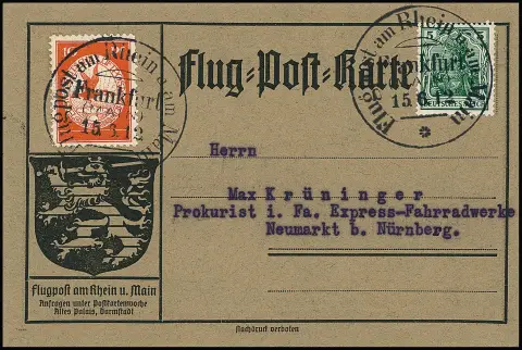 Luchtpost Rijn-Main, 10 Pfg. met 5 Pfg. Germania op luchtpostkaart, op achterzijde met zeldzame reclame-opdruk "... aan boord van de Zeppelin: ... Peter's Union…