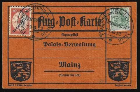 Luchtpost "Gele hond" met Germania 5 Pfg. op puntgave officiële luchtpostkaart, ideale stempel "Darmstadt 19/6 12". Mi. 280,-