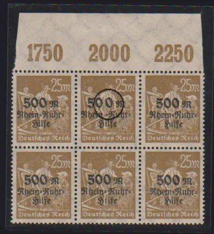 25 + 500 Mk. Rhein-Ruhr-Hilfe, overprint variety "space between 500" perfectly mint never hinged (within a top margin unit), photo expert Fleiner. Mi. 180,- +