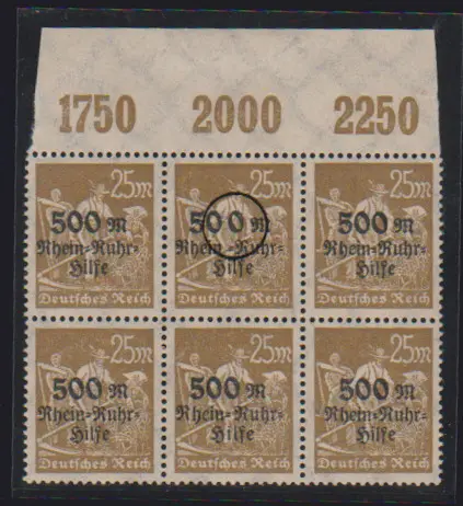 25 + 500 Mk. Rhein-Ruhr-Hilfe, opdruk variëteit "ruimte tussen 500" perfect postfris (binnen een bovenmarge-eenheid), foto-expert Fleiner. Mi. 180,- +