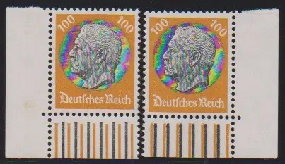 100 Pfg. Hindenburg, twee postfrisse walsdruk velhoeken, linksonder (kl. voorraadpunt) en rechtsonder (goed, gesign. Schlegel)