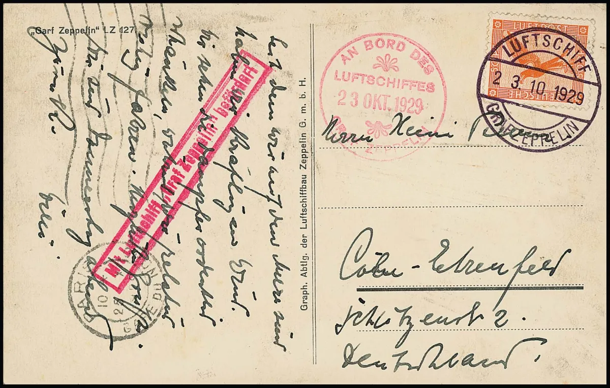 Spain flight 1929, on-board postcard dated 23.10.1929 with unusual auxiliary cancellation "An Bord des Luftschiffes Graf Zeppelin"