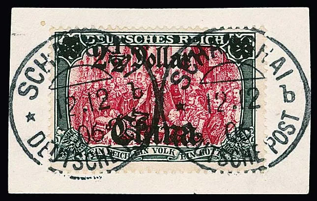 2 1/2 Dollar, fragment de lettre impeccable avec deux cachets particulièrement bien appliqués "Schanghai "b" 12/12 06", signé Richter, Steuer. Mi. 380,- +