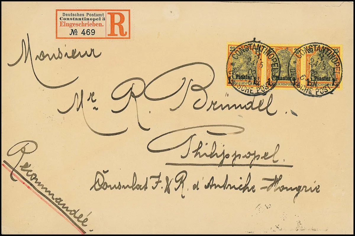 1 1/4 Pia. sur 25 Pfg., bande horizontale de trois impeccable avec cachet idéal "Constantinopel 3. 24/5 02" sur lettre recommandée d'usage vers Philippopoli