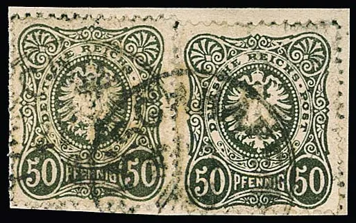 Forerunner 50 pf. dark olive as pair on flawless piece with K1 cancel "Finschhafen", certificate Jäschke-L. Mi. 800,-