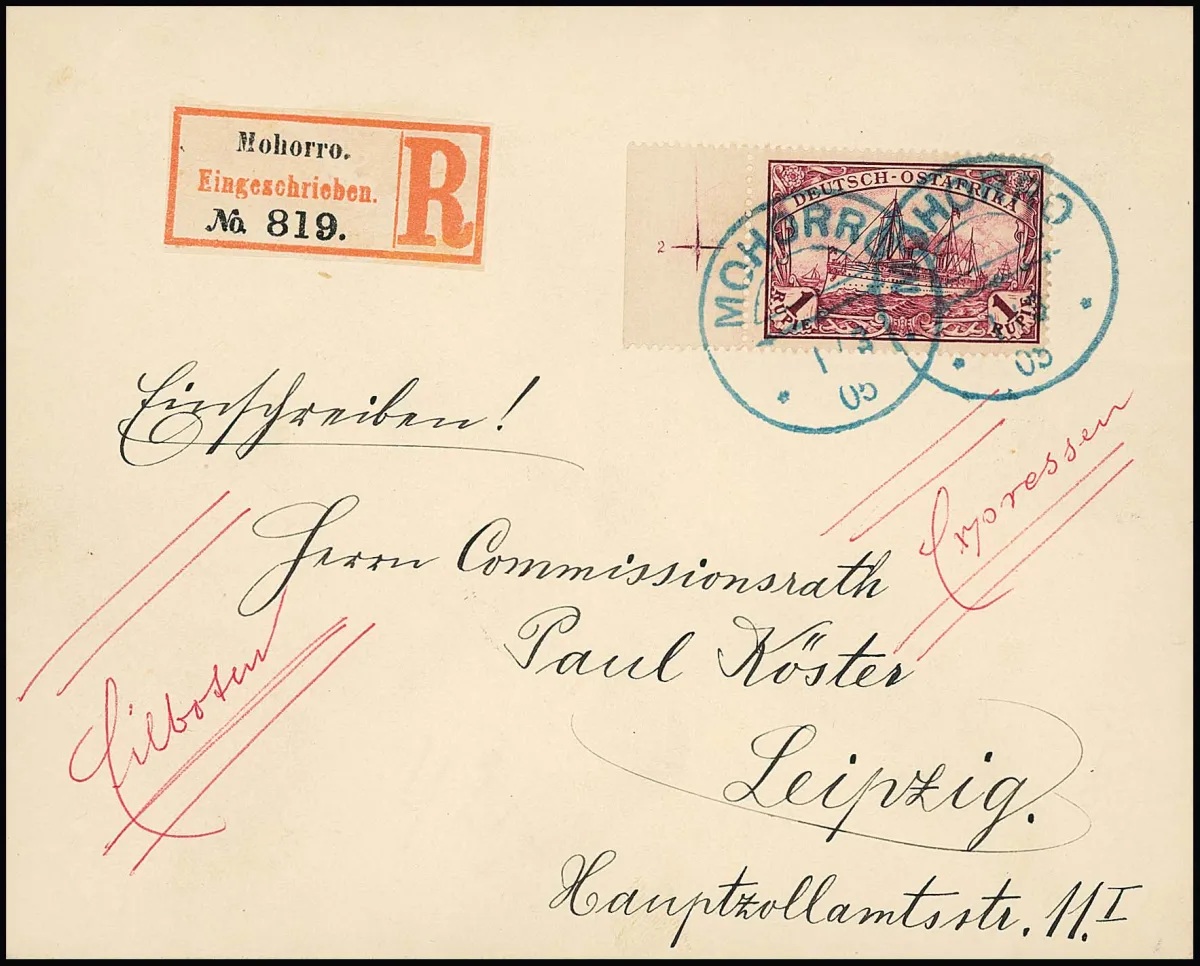 1 Rp. from left sheet margin with register cross and plate no. "2" (rare) on registered letter 1905 with clear blue cancel "Mohorro"