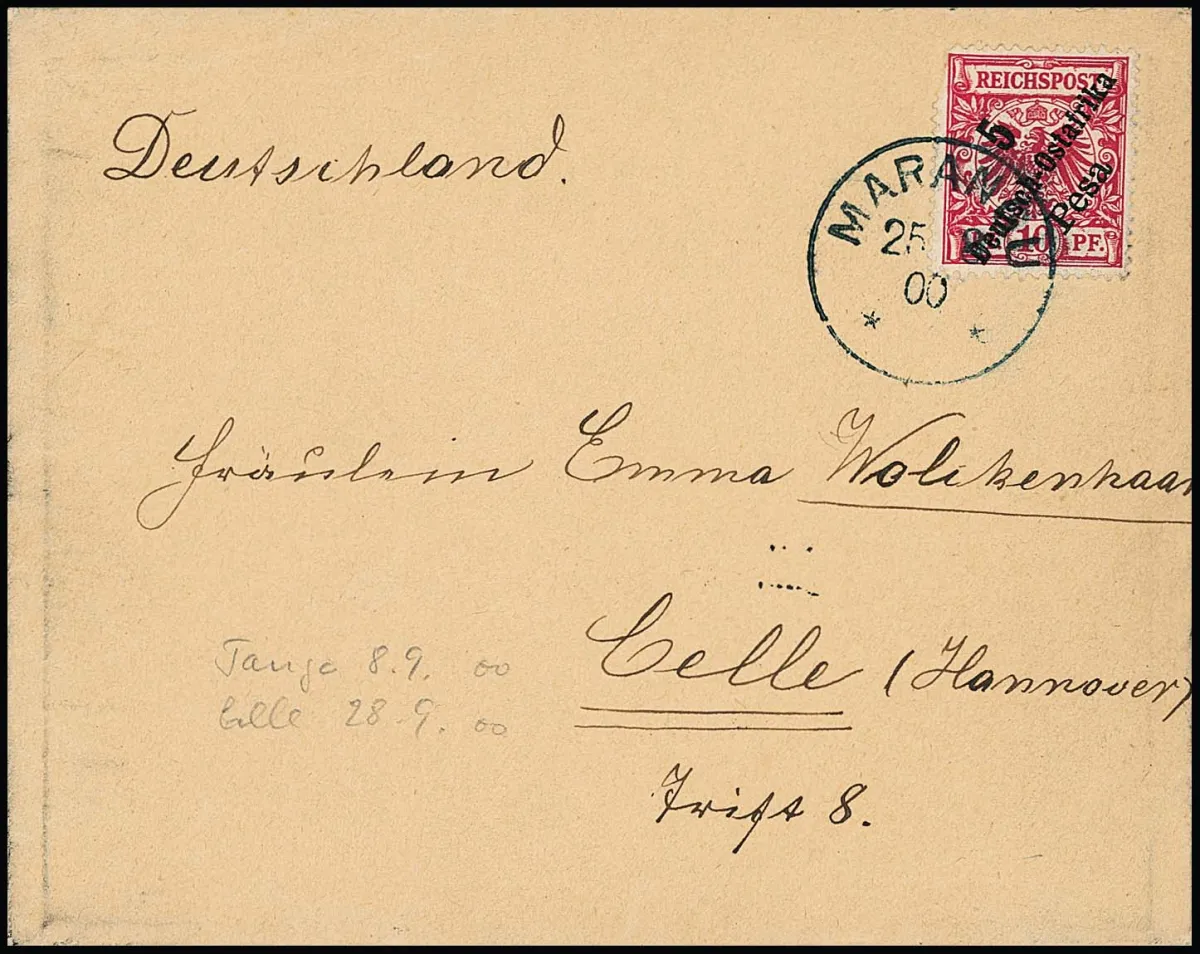 "Marangu", guter blauer K1 v. 25.8.1900 klar auf Couvert mit 5 P. a. 10 Pfg. (kl. Randfehler)