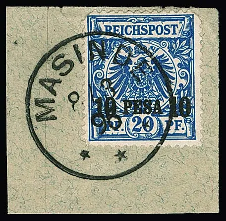 "Masinde", vzácné K1 z 8.3.96 jasně na výstřižku 10 P. a. 20 Pfg. (vada zoubkování)